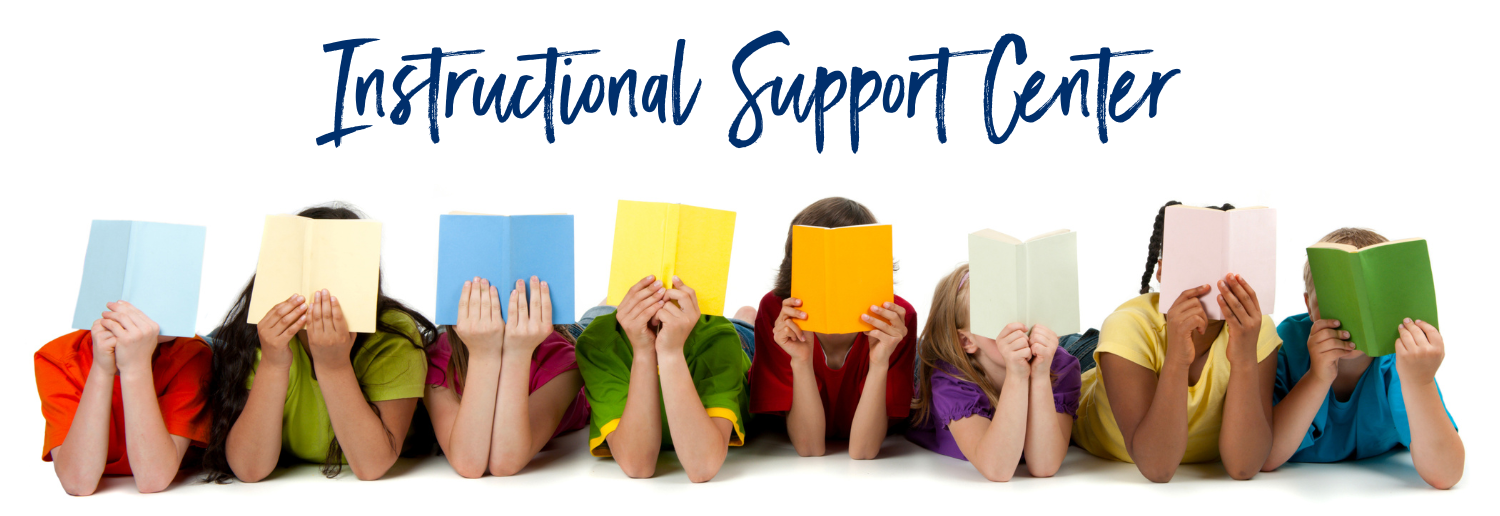 Photo of students with books with the text "Instructional Support Center"