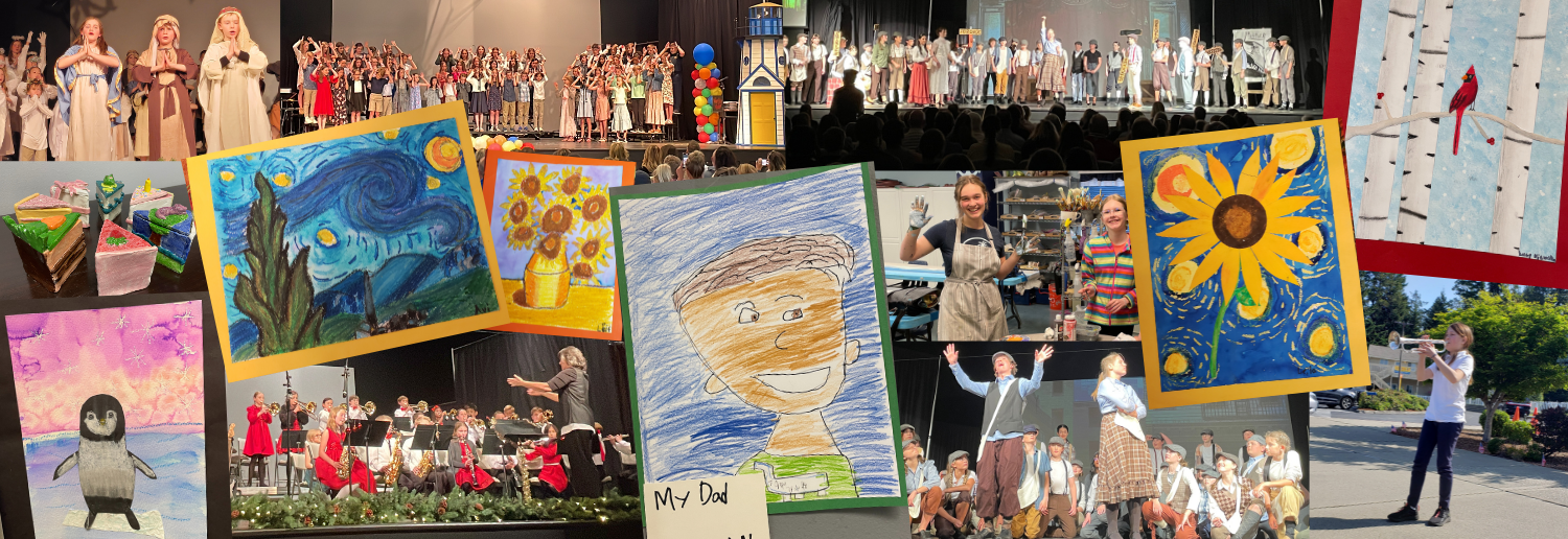 Photo collage of student artwork and performances